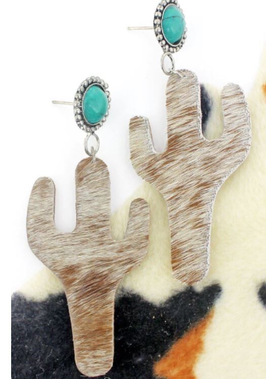 Turquoise Brown Cow Cactus Earrings 