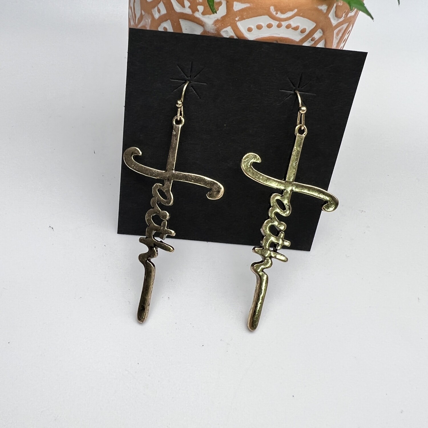 Bunished Gold Tone Faith Cross Earrings 