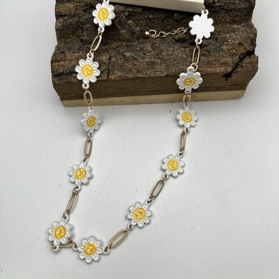 White Smiley Face Daisy Charm Necklace 