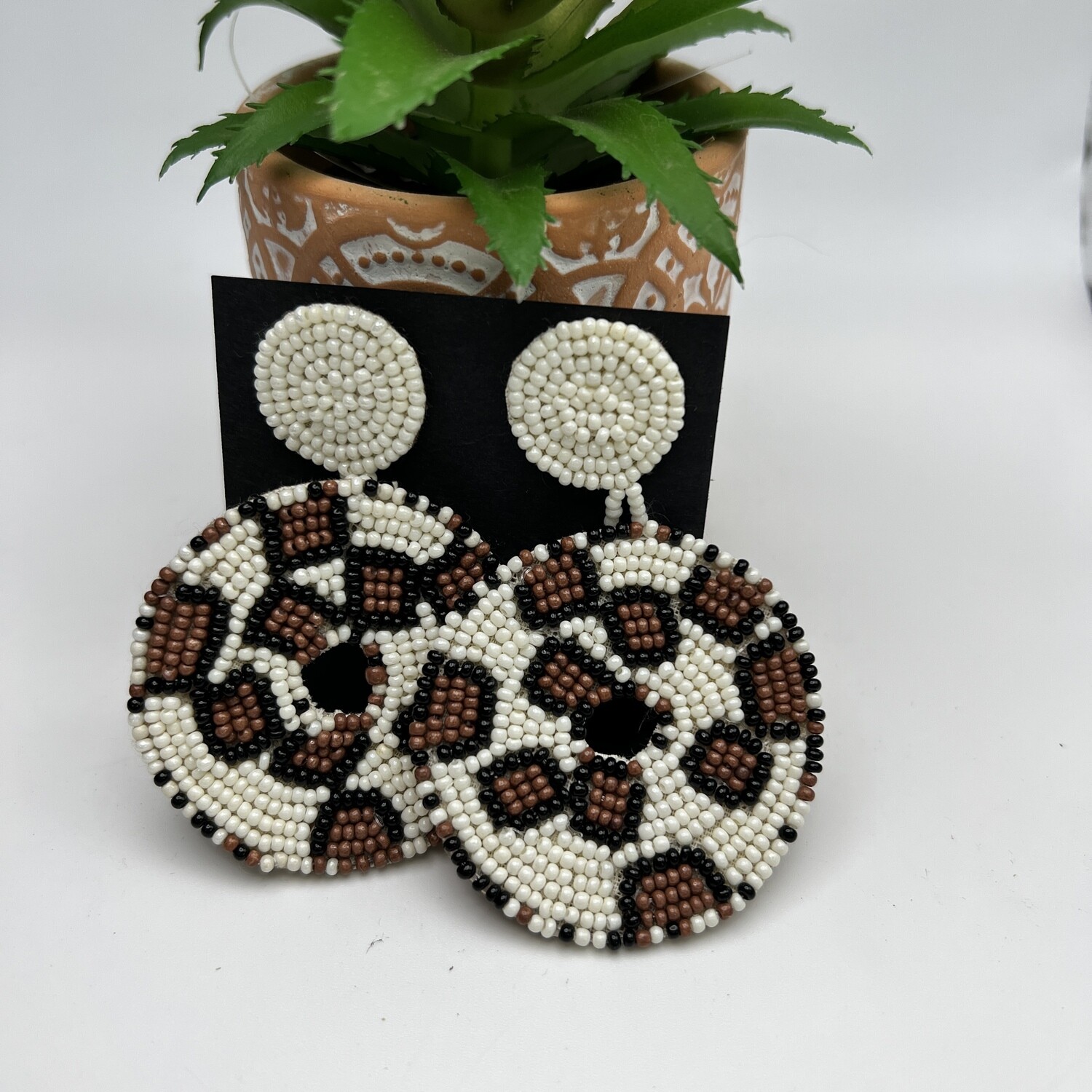 White Leopard Seed Bead Earrings 