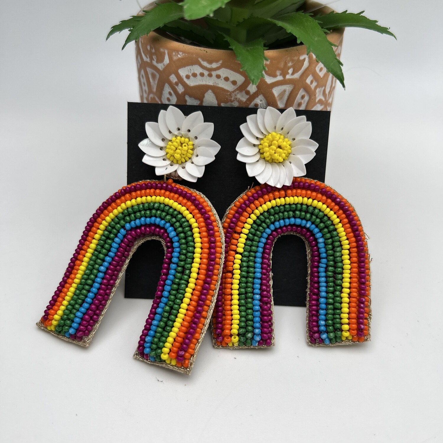 Daisy & Rainbow Seed Bead Earrings 