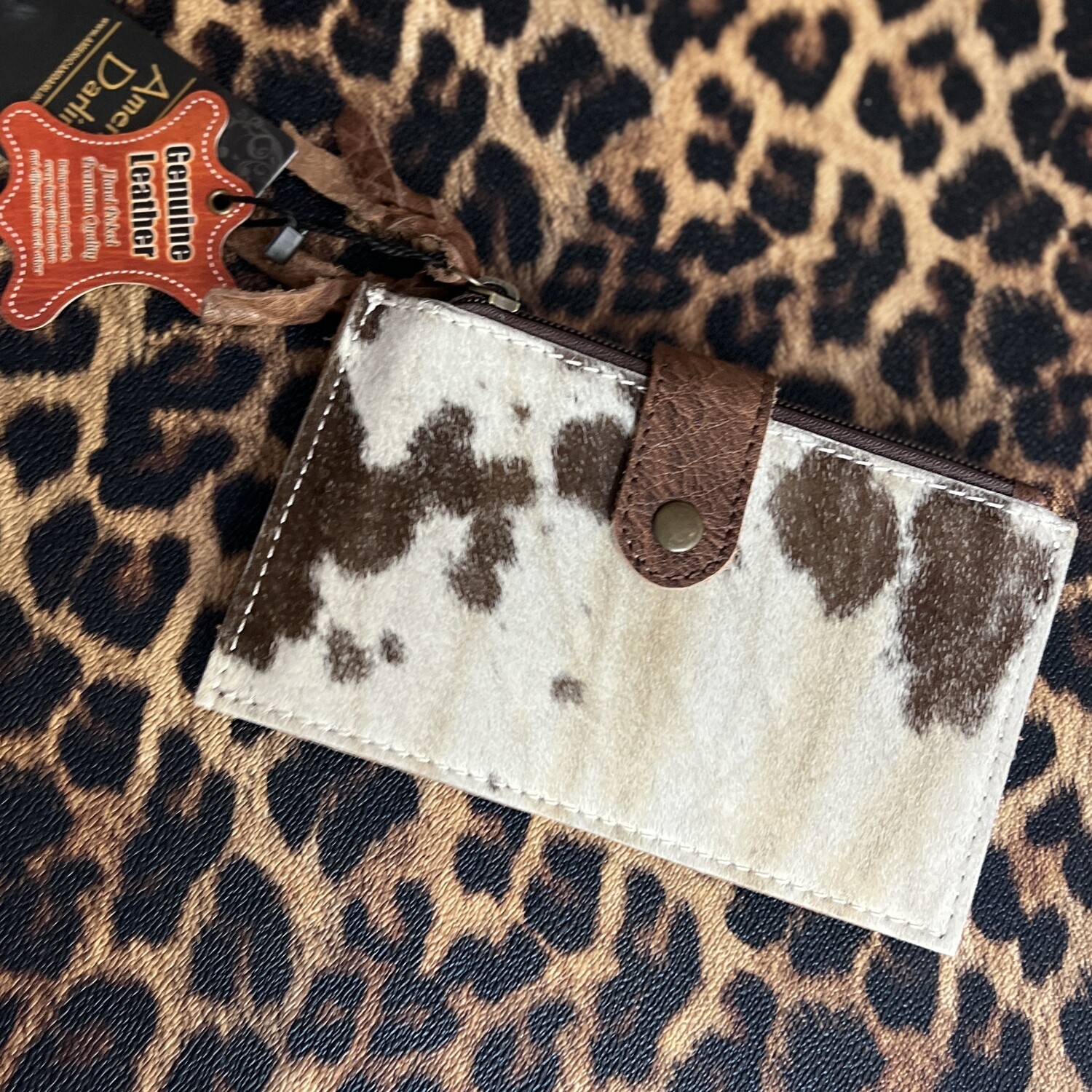 American Darling Cowhide Wallet with Card Slots and Zippered Pockets -Brown White -1