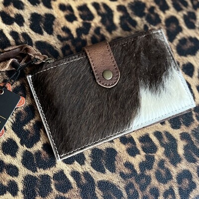 American Darling Cowhide Wallet with Card Slots and Zippered Pockets -Brown White