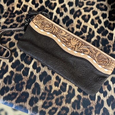 American Darling Dark Chocolate Damask Wristlet with Tooled Leather 
