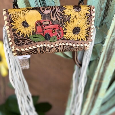 American Darling Tooled Leather Wallet Sunflower Red Truck Crossbody with White Fringe and Adjustable Strap 