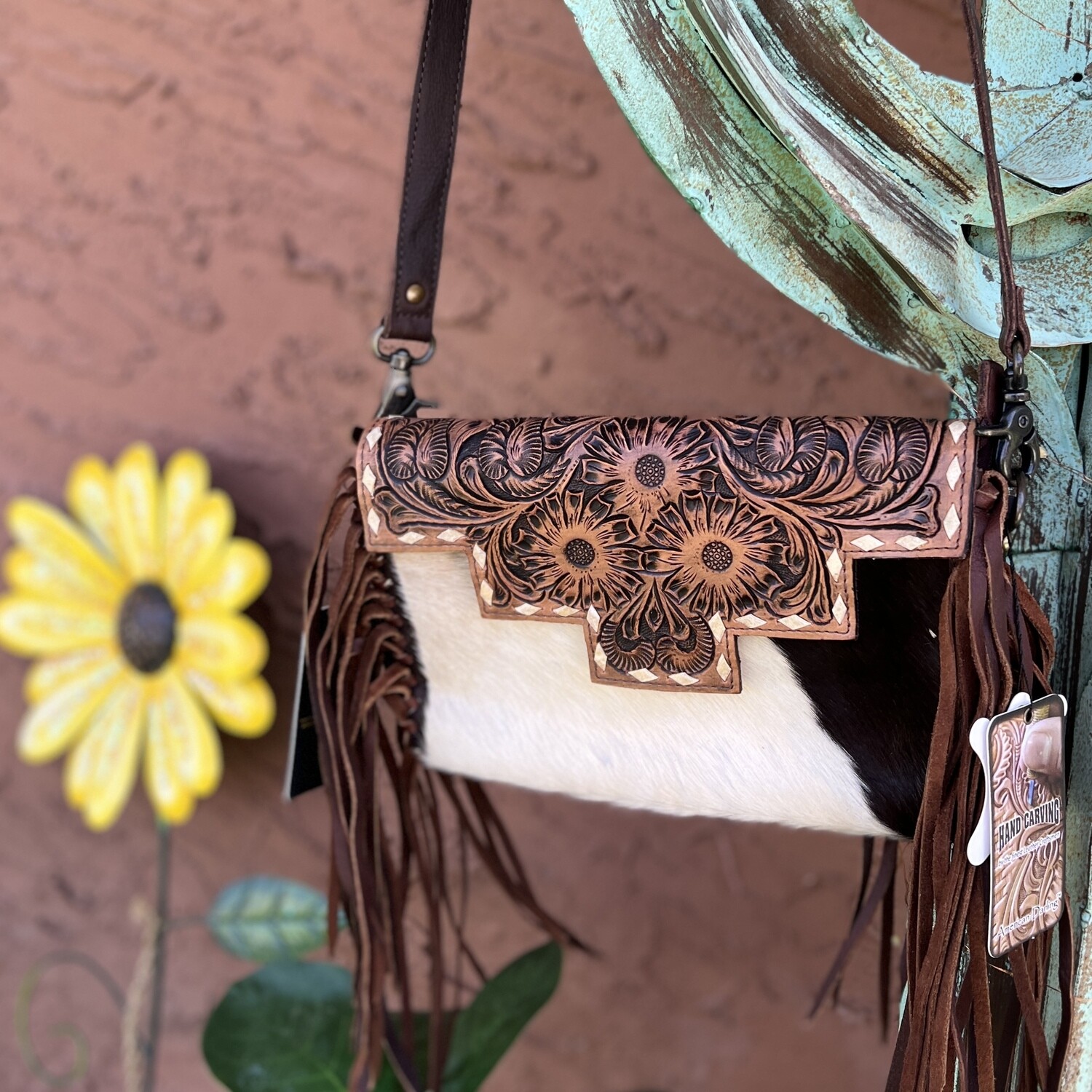 American Darling Aztec Cut Tooled Leather Flap & Cowhide Crossbody & Fringe