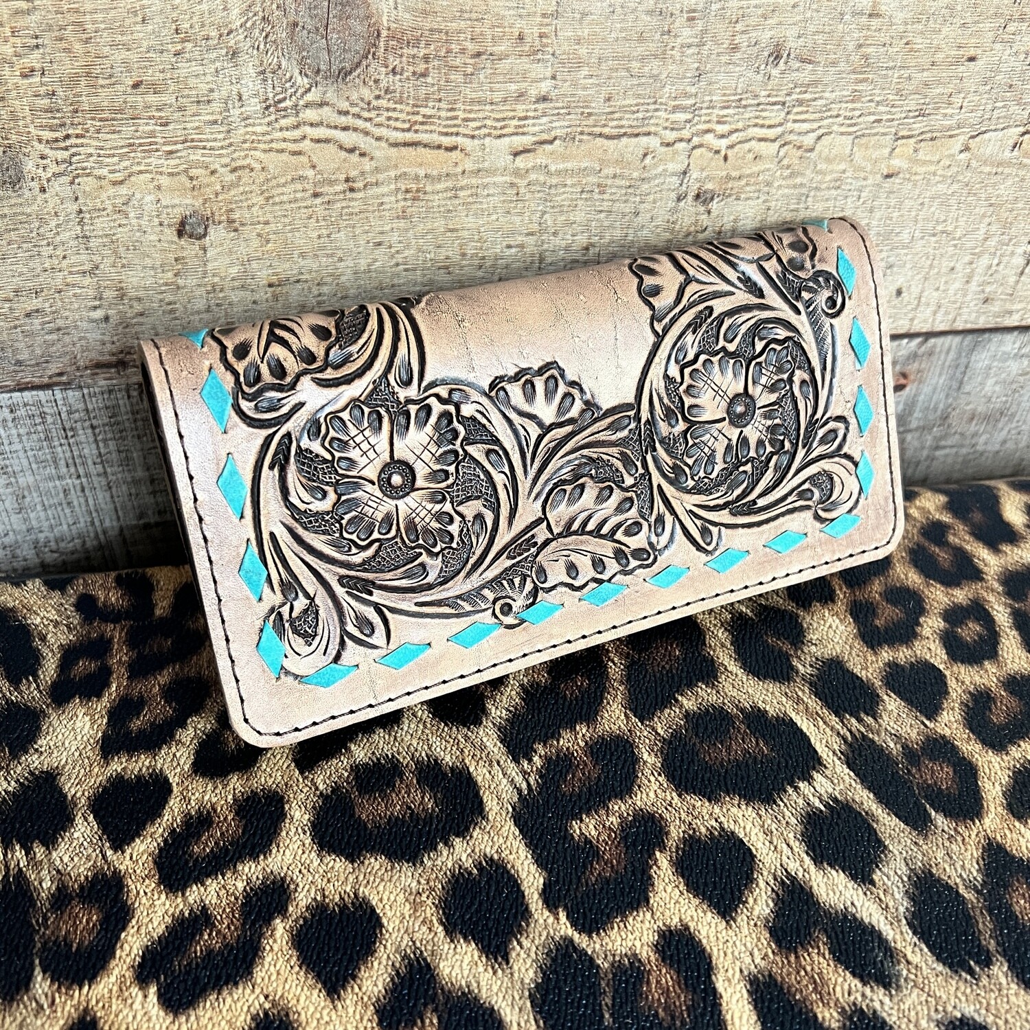 Tooled Leather Wallet Teal Stitching by American Darling