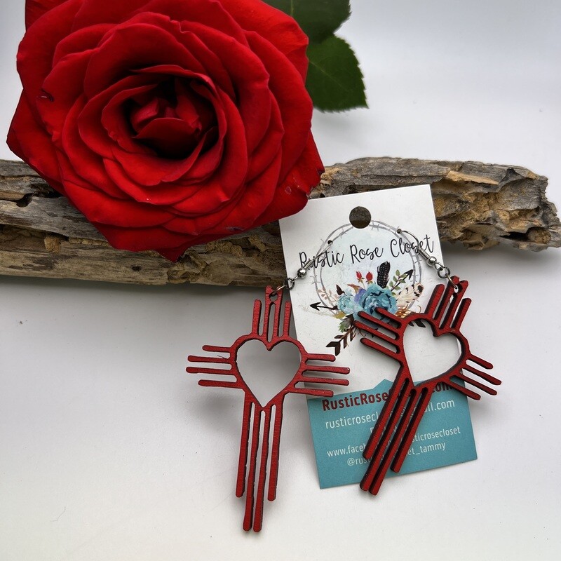 3&quot; Red Zia Heart Wood Earring