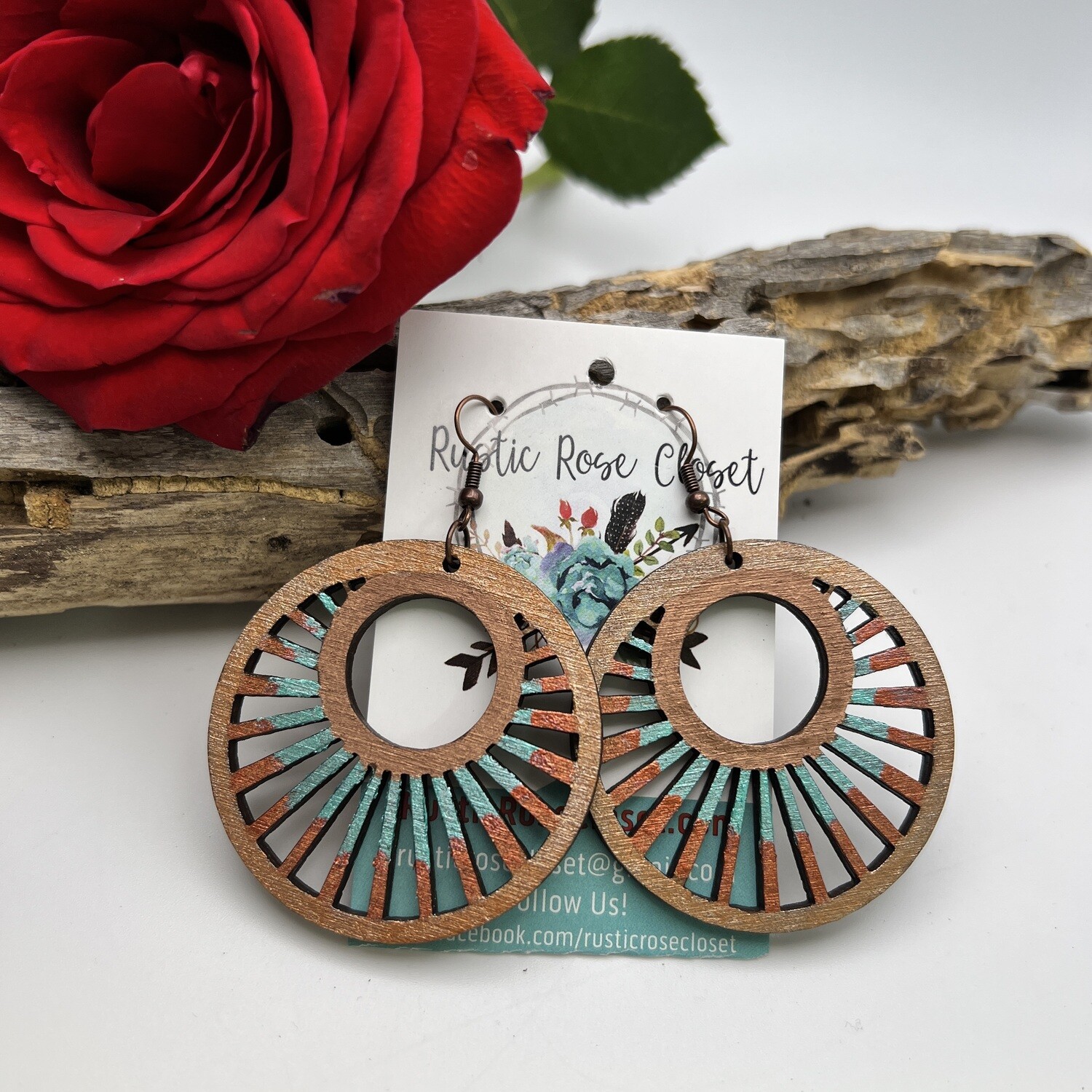 Round Wood Copper Teal Earrings 