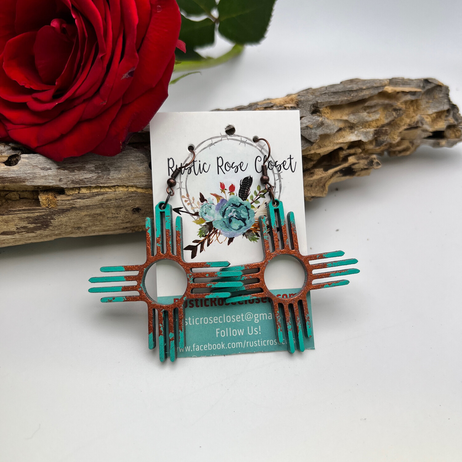 Turquoise/Red 2"Zia Wood Earring 