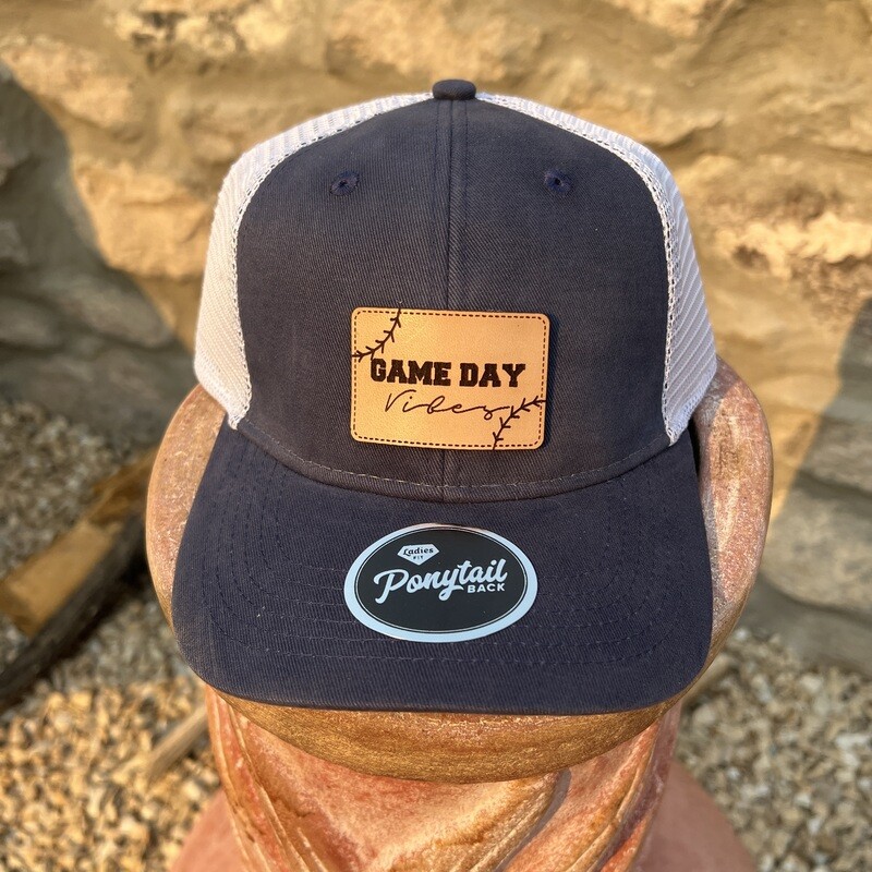 Game Day Vibes Leather Patch Ponytail Navy Hat 