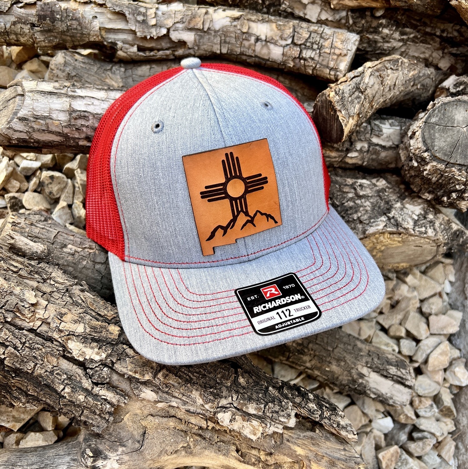 Zia Mountain NM Shape Leather Patch Hat -Red Gray Snapback