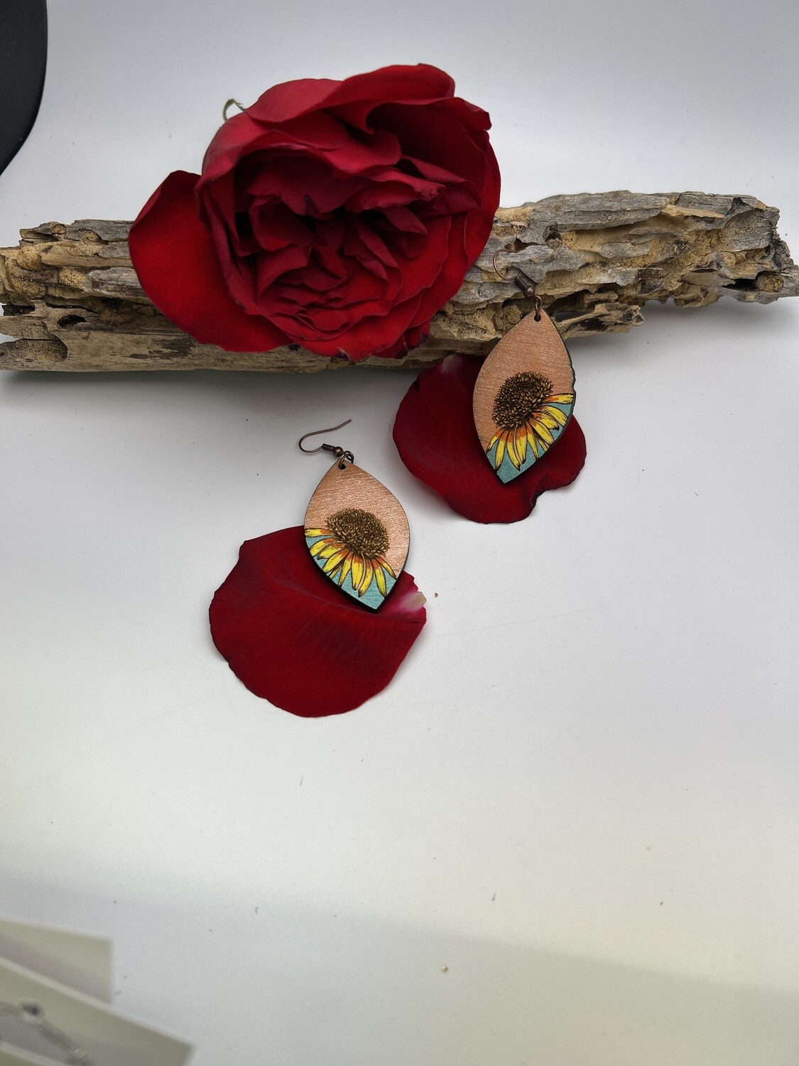 Sunflower Diamond Teardrop Wood Earrings Copper Teal