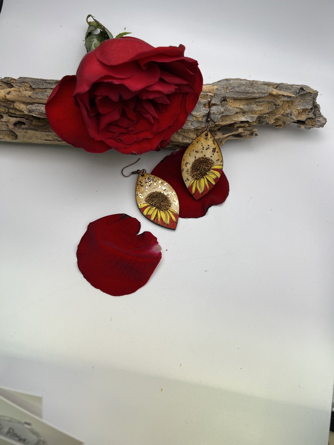 Sunflower Diamond Teardrop Wood Earrings Red Yellow