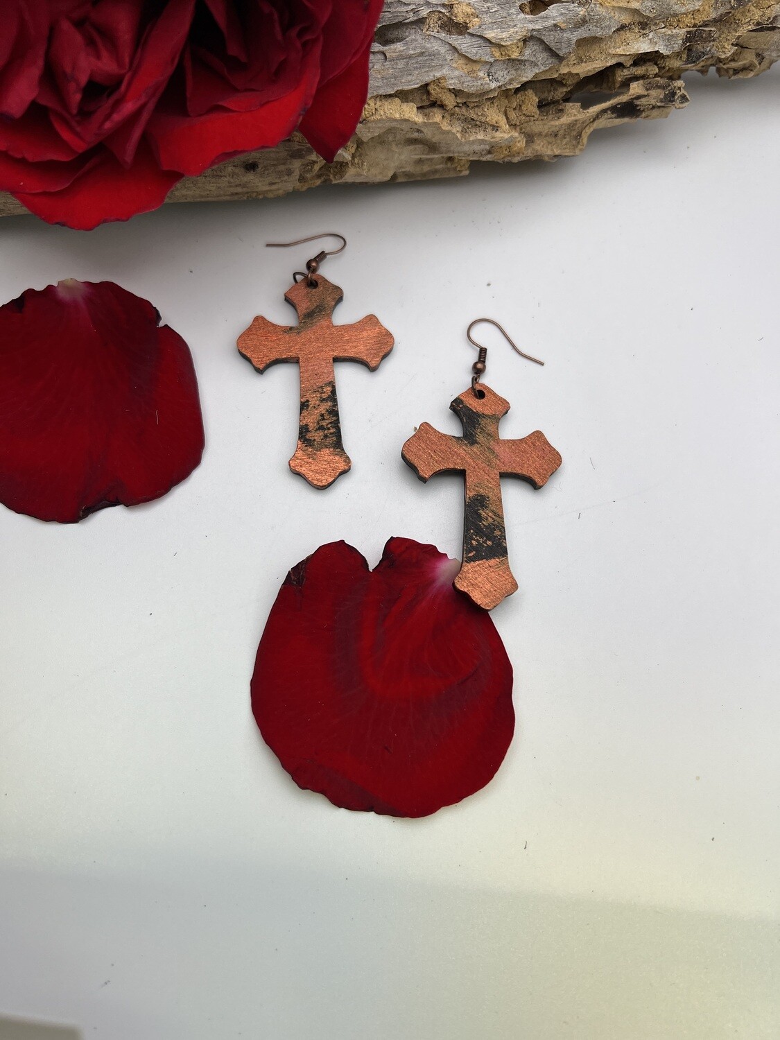  Wood Crosses Black Copper Earrings 
