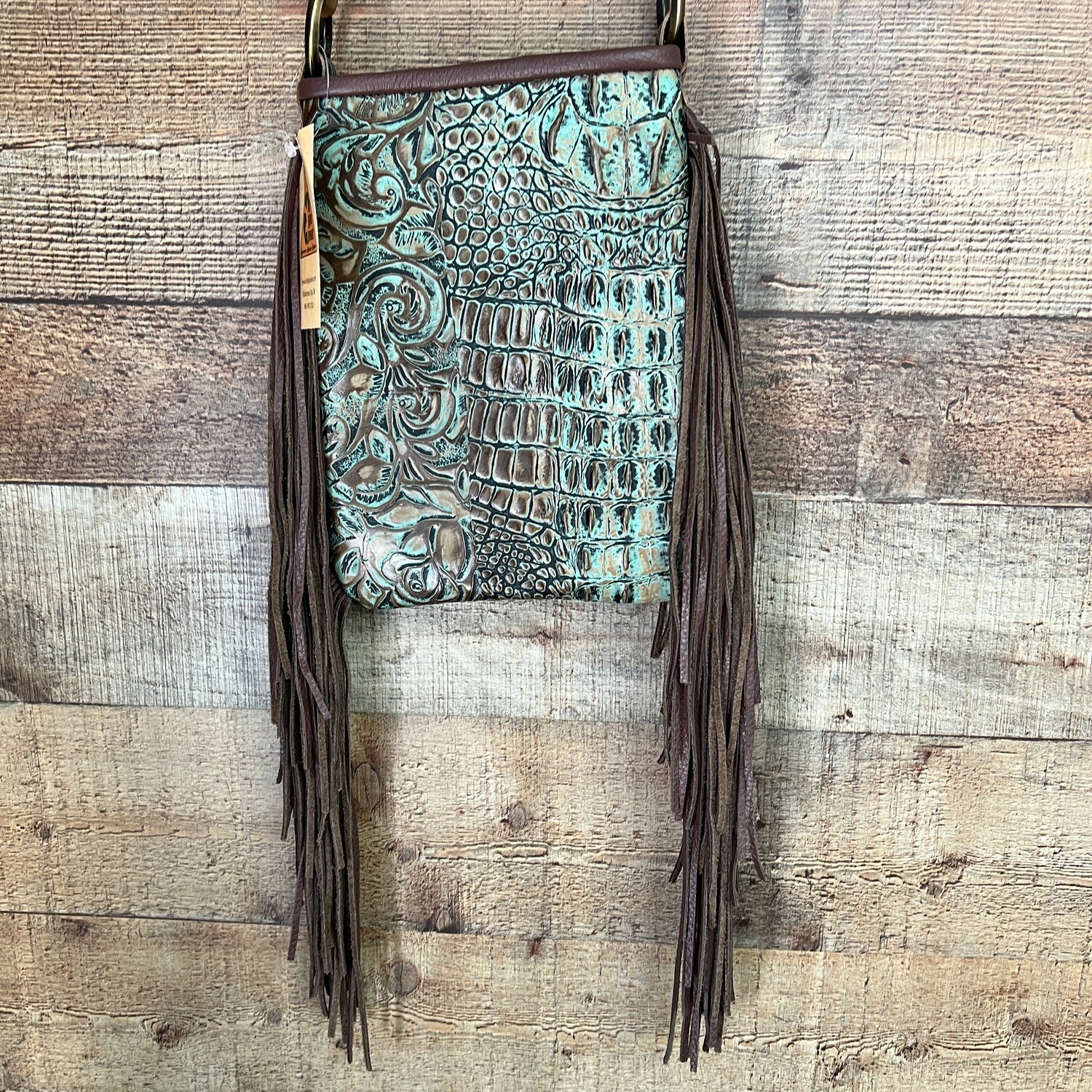 Teal Gator Design Hide Small Tote Crossbody Bag with Fringe