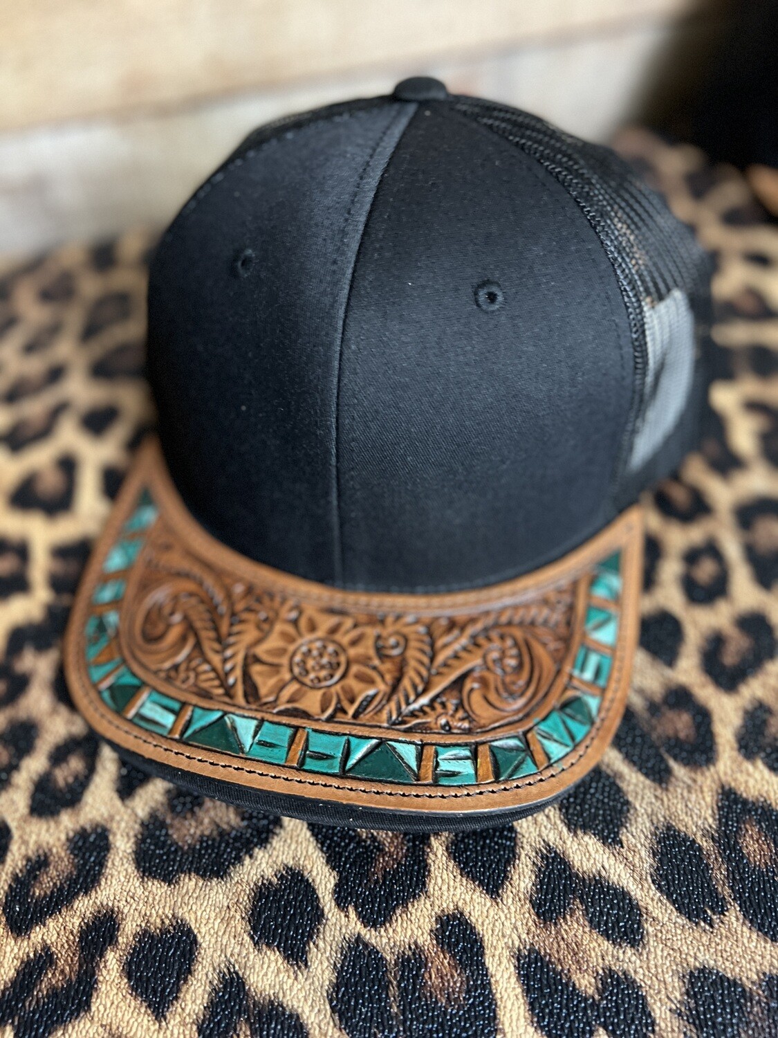 Leather Tooled Hat-Turquoise
