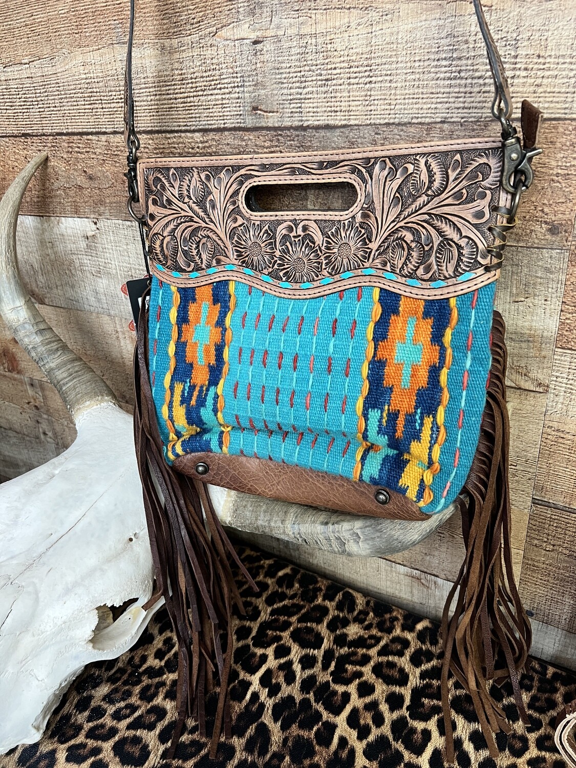 Saddle Blanket Turquoise American Darling Bag with Tooled Leather & Fringe
