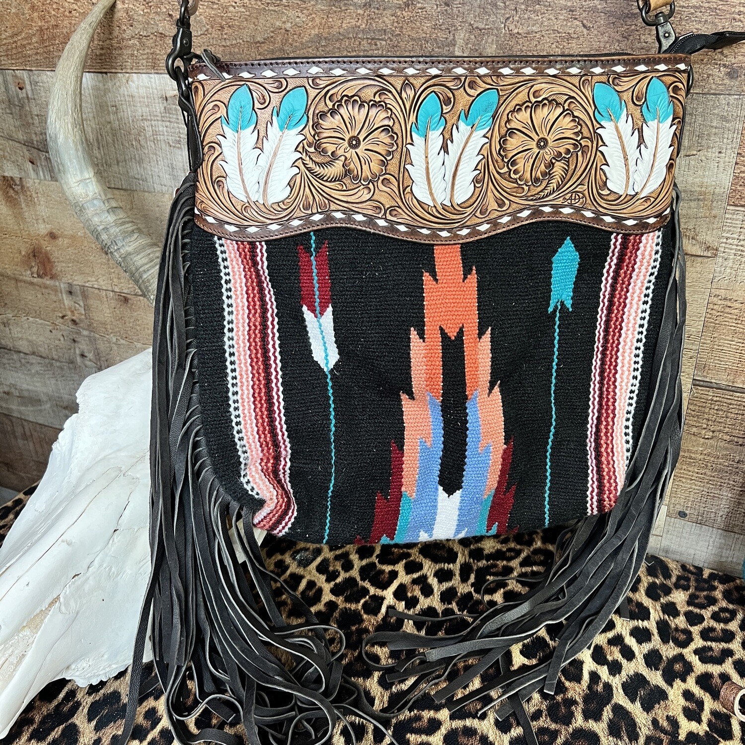 Black Saddle Blanket American Darling Bag with Painted Feathers