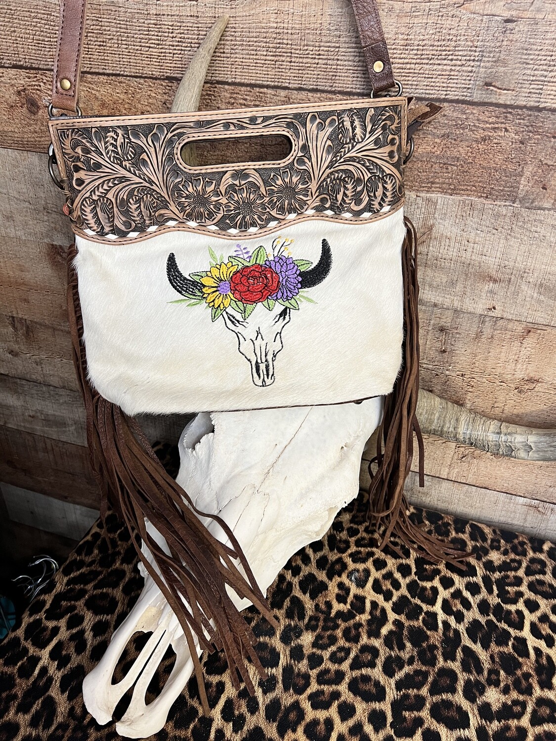 Cowhide Embroidered Skull American Darling Bag with Tooled Leather & Fringe