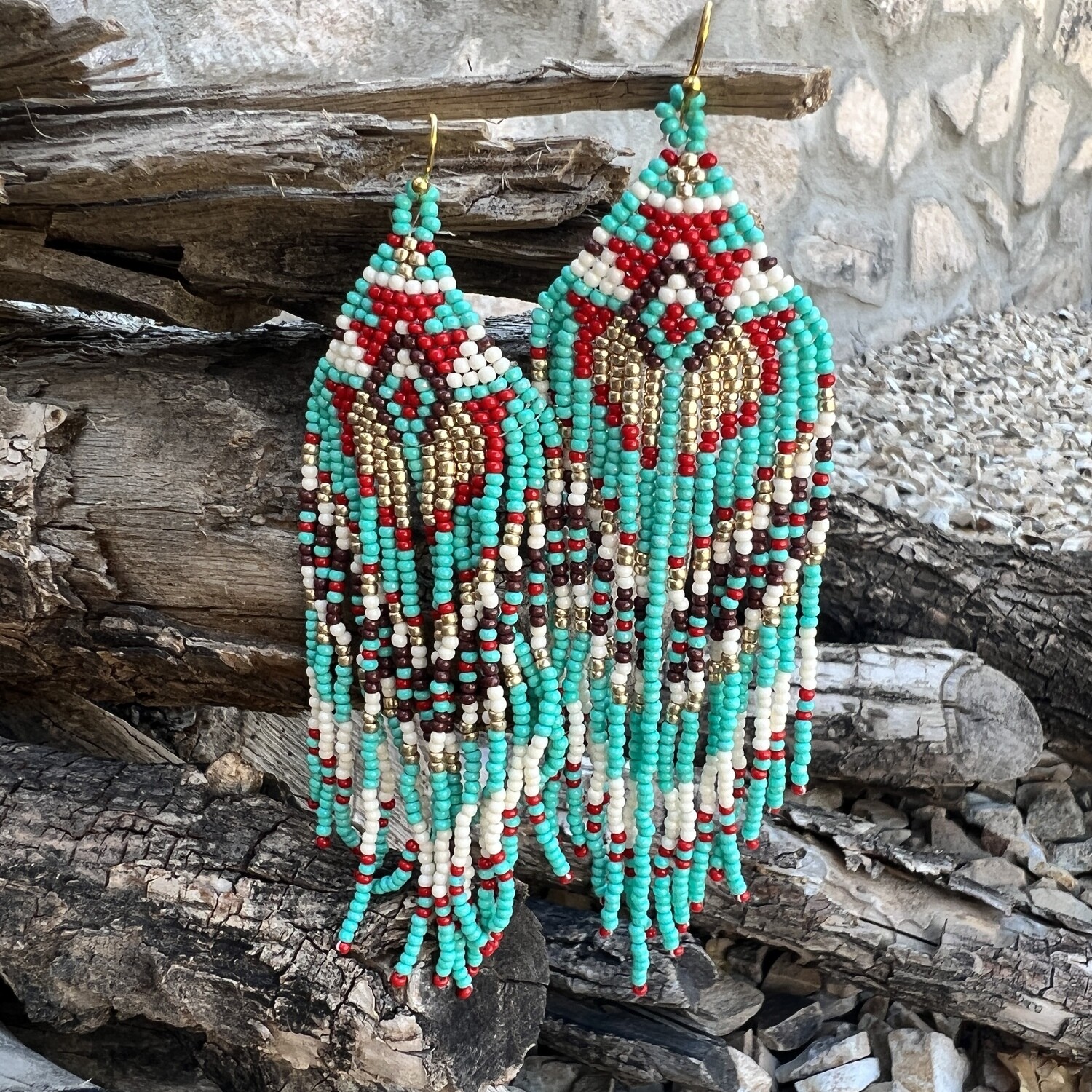 Red Turquoise Gold Multi Color Seed Bead Earrings 