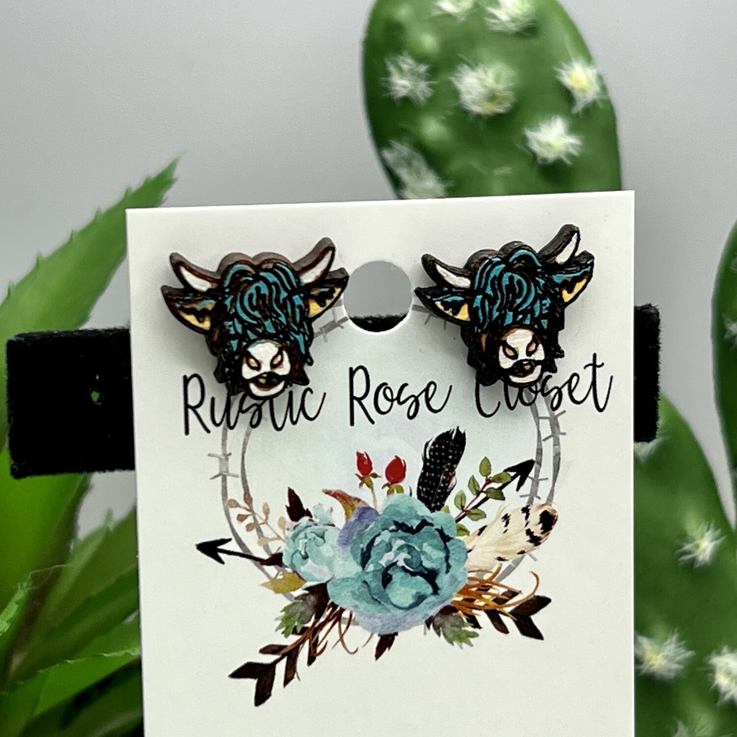 Turquoise Highland Cow Post Wood Earrings