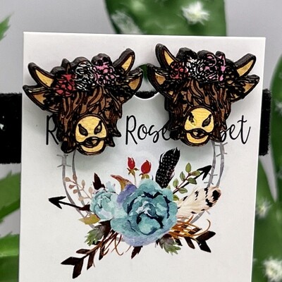 Highland Cow Floral Post Wood Earrings
