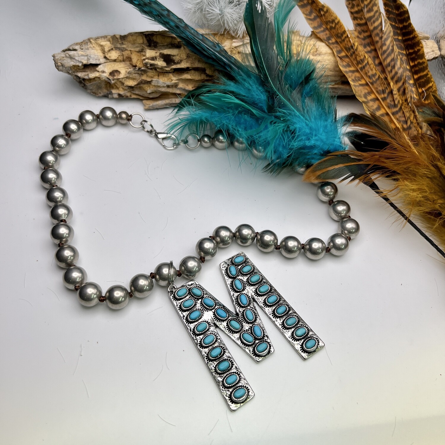 M Initial Turquoise Stones Necklace 