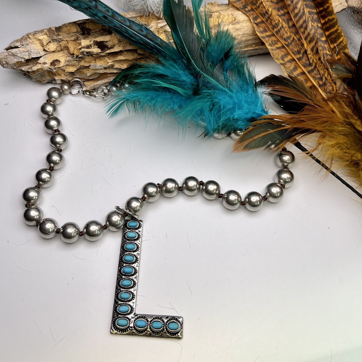 L Initial Turquoise Stones Necklace 