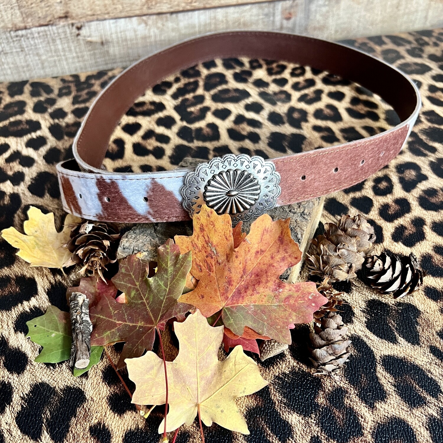 Brown Cow Print Faux Leather Belt 