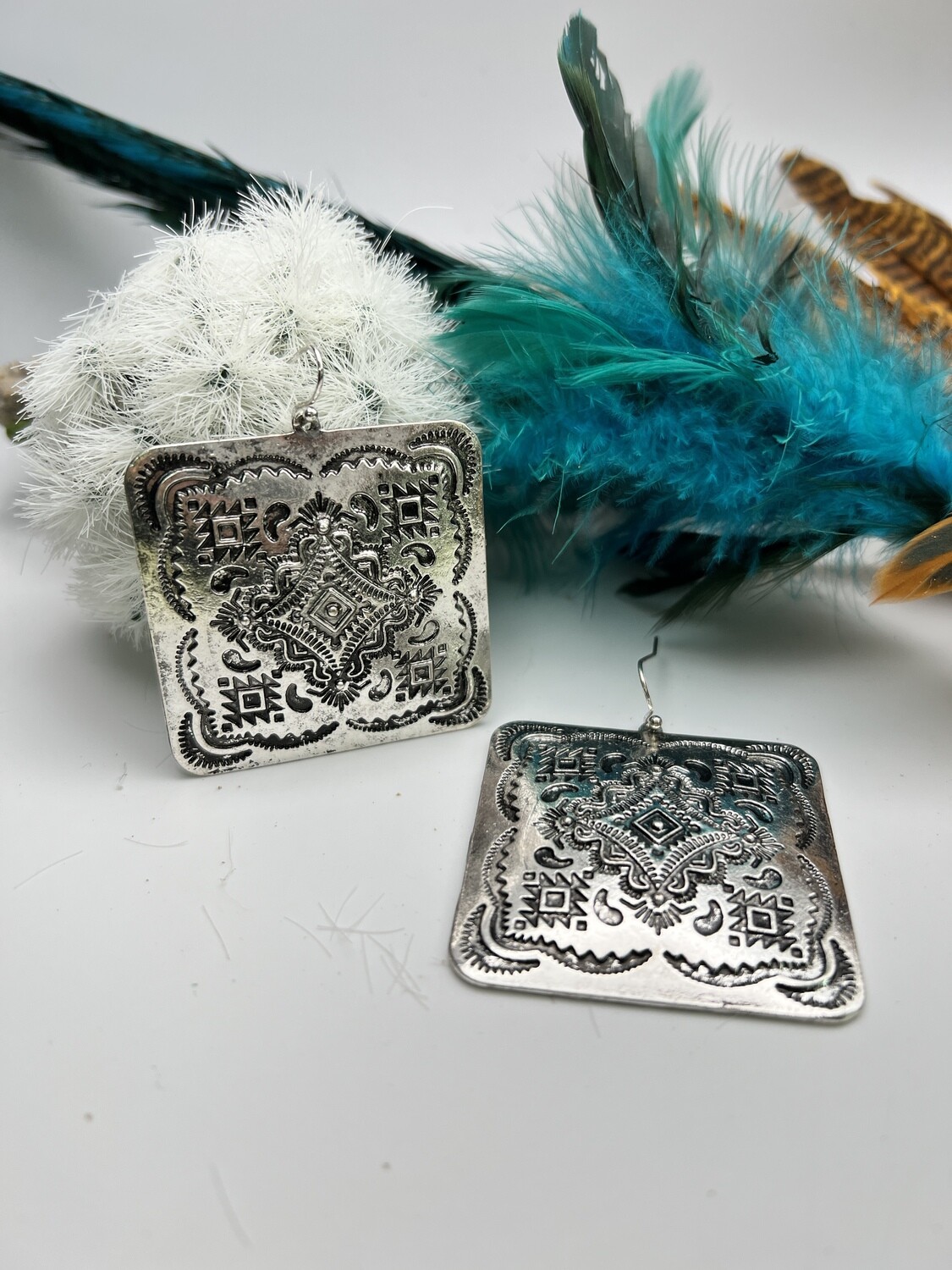 Silver Vintage Square Concho Earrings 