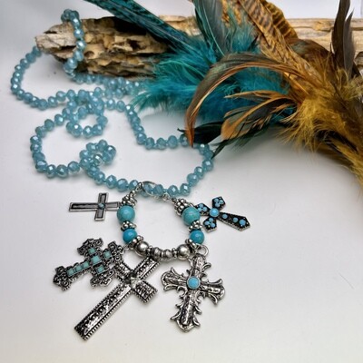 Turquoise Bead Necklace with Silver Cross Charms 