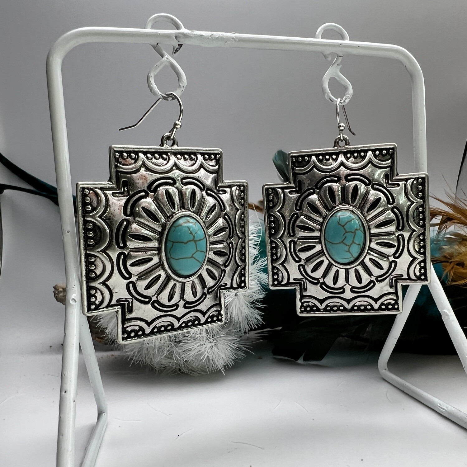 Silver Vintage Cross Turquoise Concho Earrings 