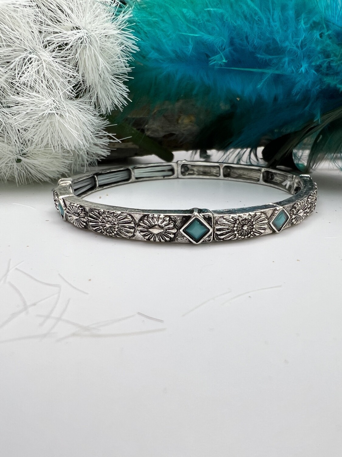 Diamond Stamp Turquoise Stone Bangle Stretch Bracelet 
