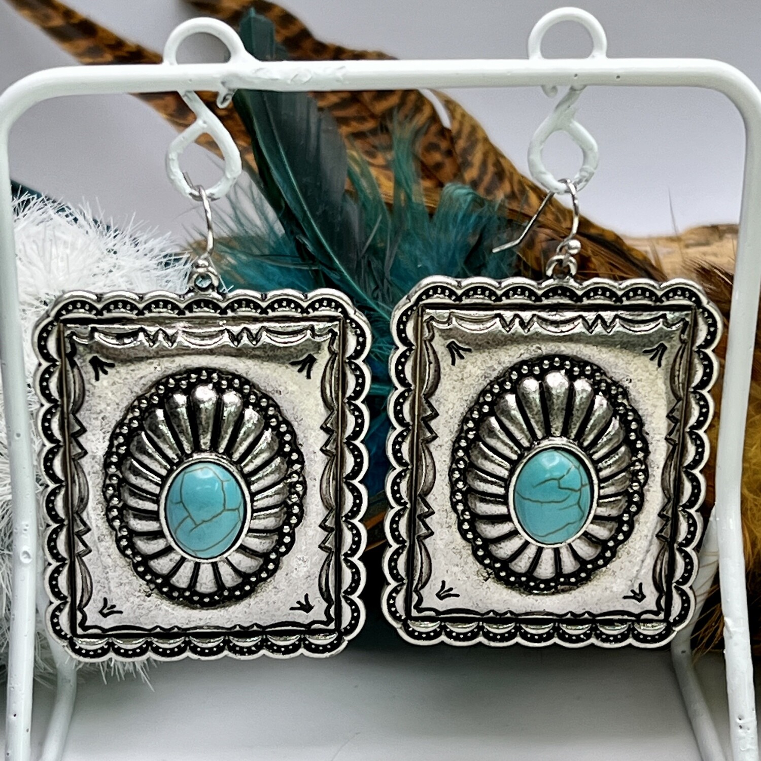 Silver Vintage Rectangle Turquoise Concho Earrings 