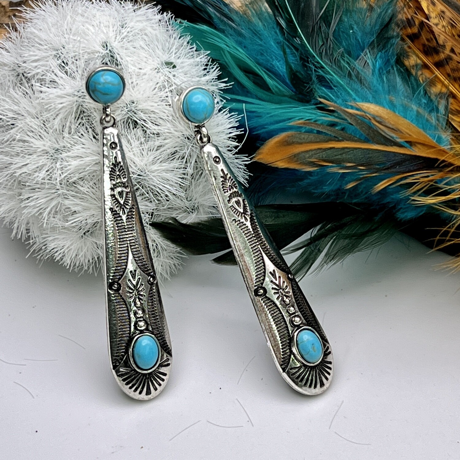 Turquoise Silver Post 3” Drop Earrings 