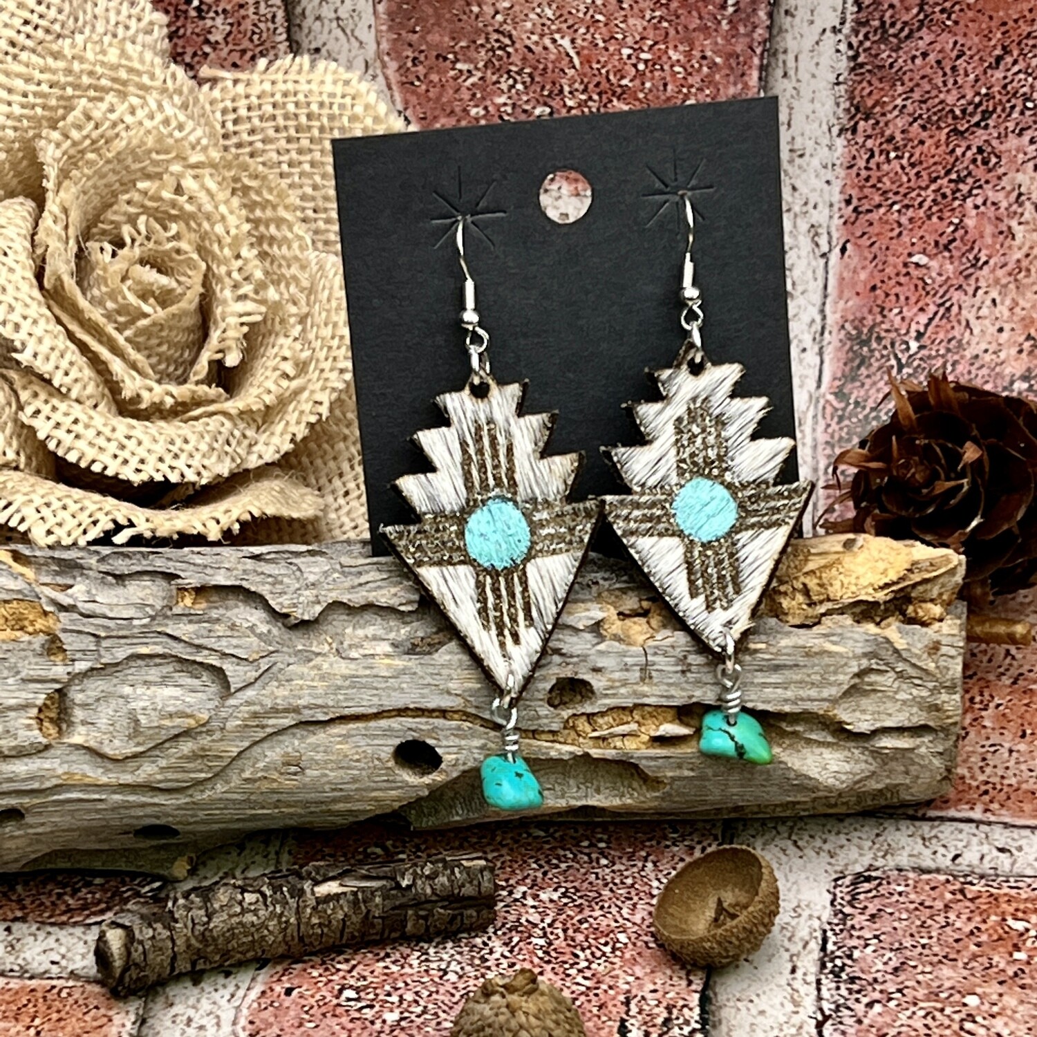 Aztec Cowhide Zia with Turquoise Earrings 