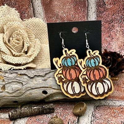 Shimmer Stacked Pumpkin Wood Hand Painted Earrings 