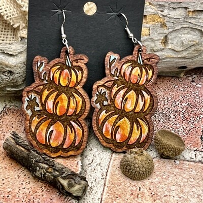 Stacked Pumpkin Wood Hand Painted Earrings 