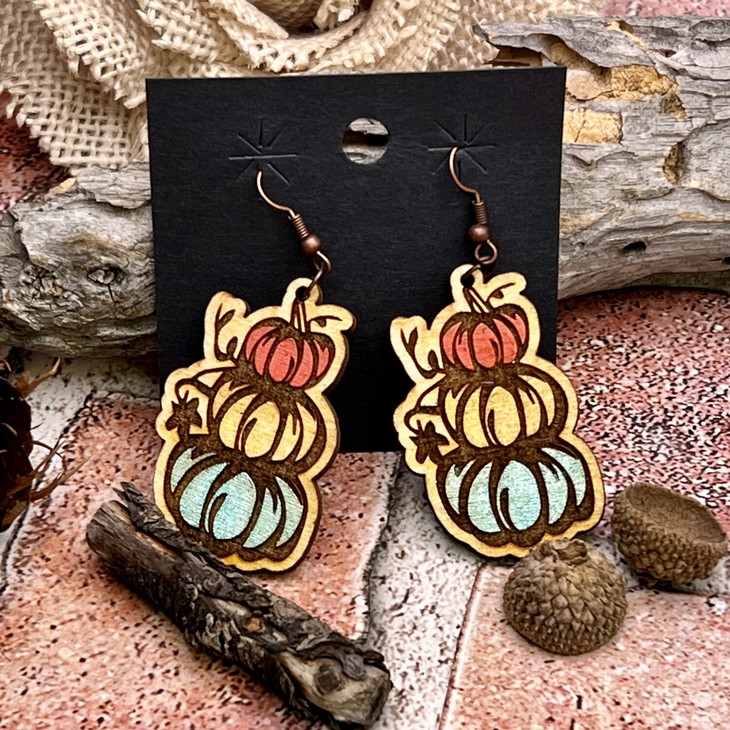 Small Stacked Pumpkin Wood Hand Painted Earrings 