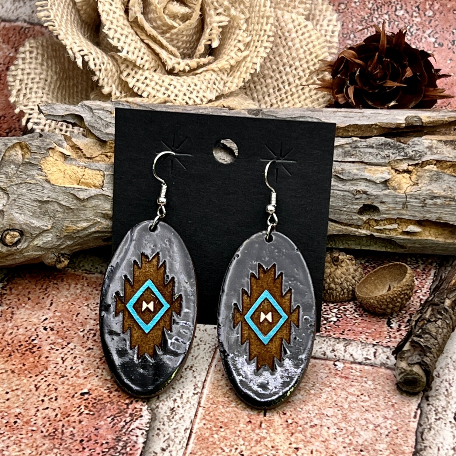 Black Aztec Resin Wood Earrings