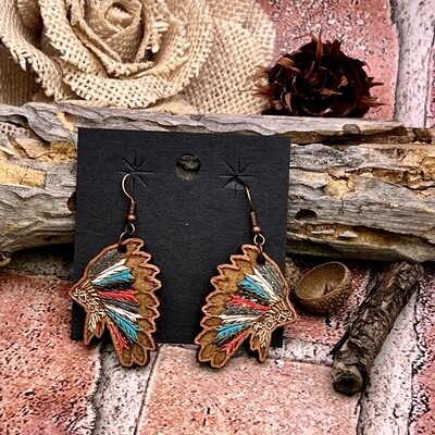 Small Indian Multicolor Painted Head Dress Wood Earrings