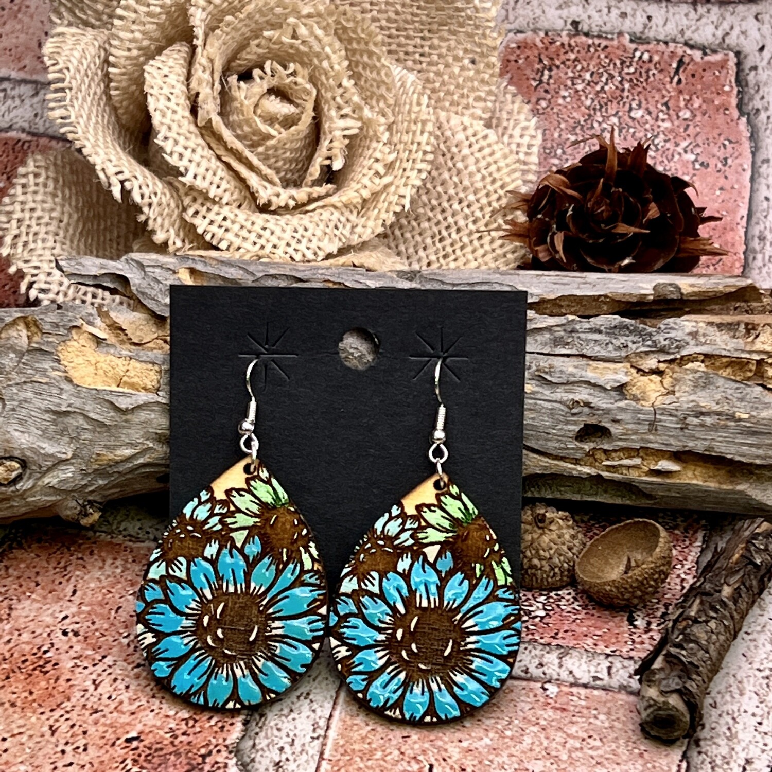 Turquoise Floral Resin Wood Earrings