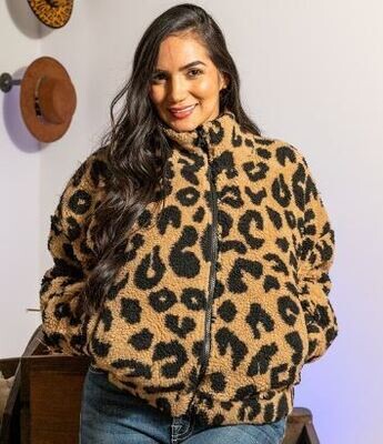 Brown Leopard Zip Up Jacket with Pockets