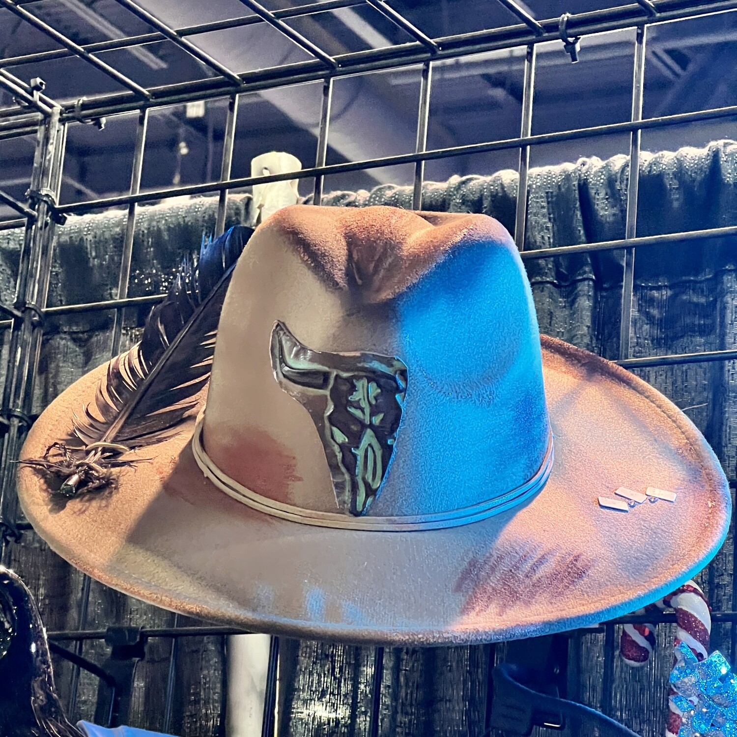 Tan Teal Steer Felt Hat with Feather 