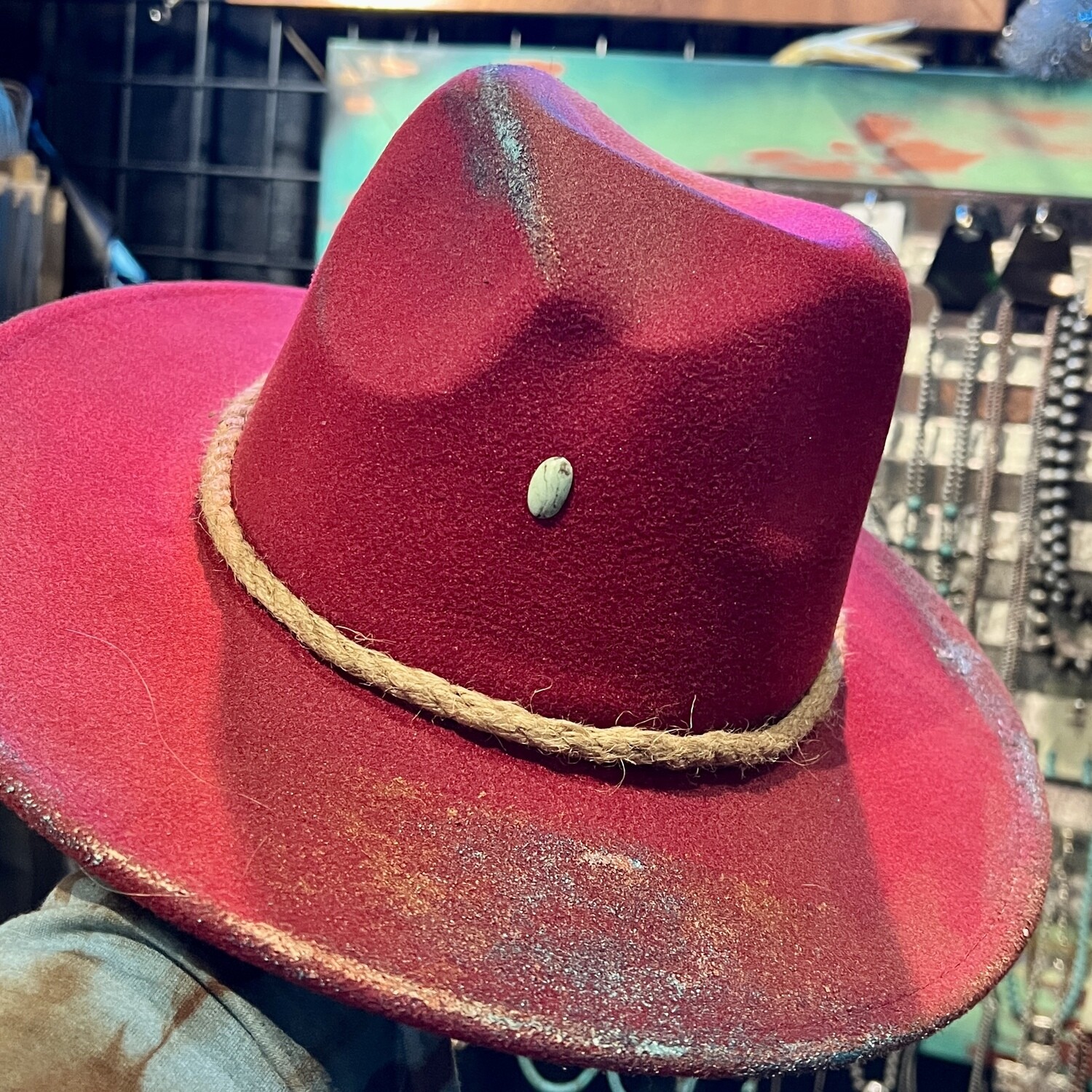 Red Felt Fedora Western Hat with Rope Band & Turquoise
