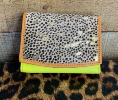Folding Smaller Wallet with Hide and Leather - Cheetah Brown with Yellow/Orange Trim