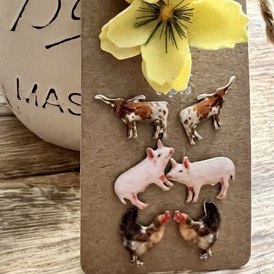 Longhorn, Pig, Chicken Post Earring Collection