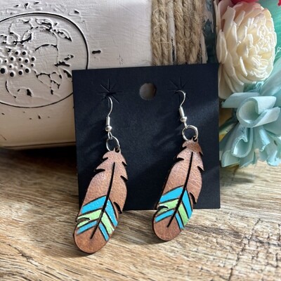Tribal Leather Feather Earrings 