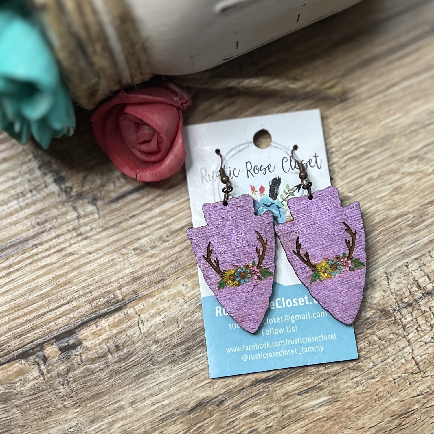 Arrowhead Wood Floral Antler Earrings